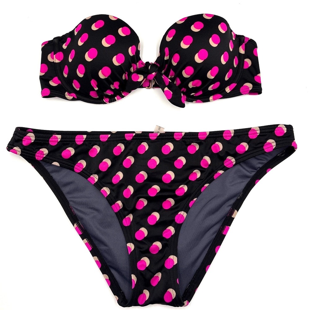 Victoria's Secret Polka Dot Bikini Set 34C M‎ Black Pink BioFit Bandeau Quirky